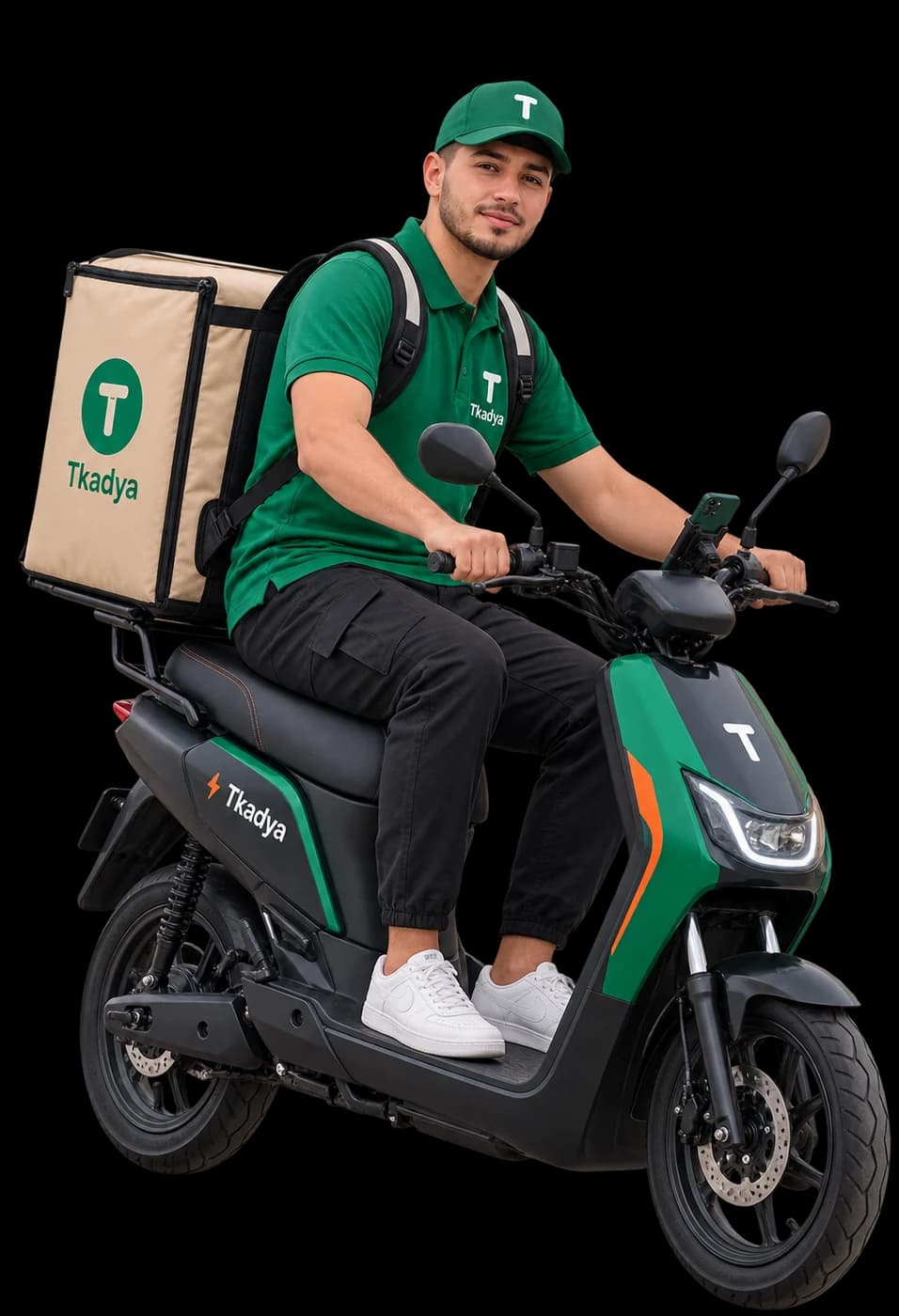 Un livreur Tkadya sur son scooter, sac de livraison sur le dos